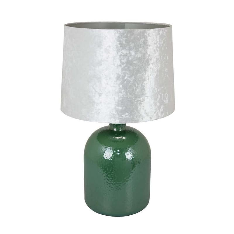 27 Inch Table Lamp, Drum Shade, Round Drop Shaped Glass Body, Green Finish