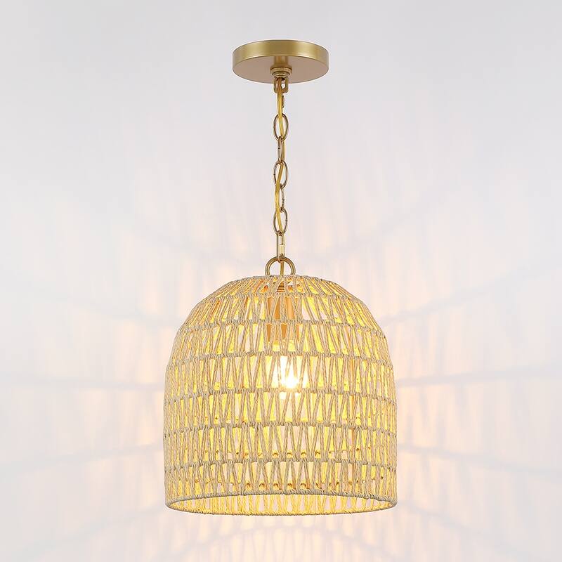 Mabelle 1-Light Gold Bohemian Island Pendant Light with Dome Woven Shade - 12 in. W