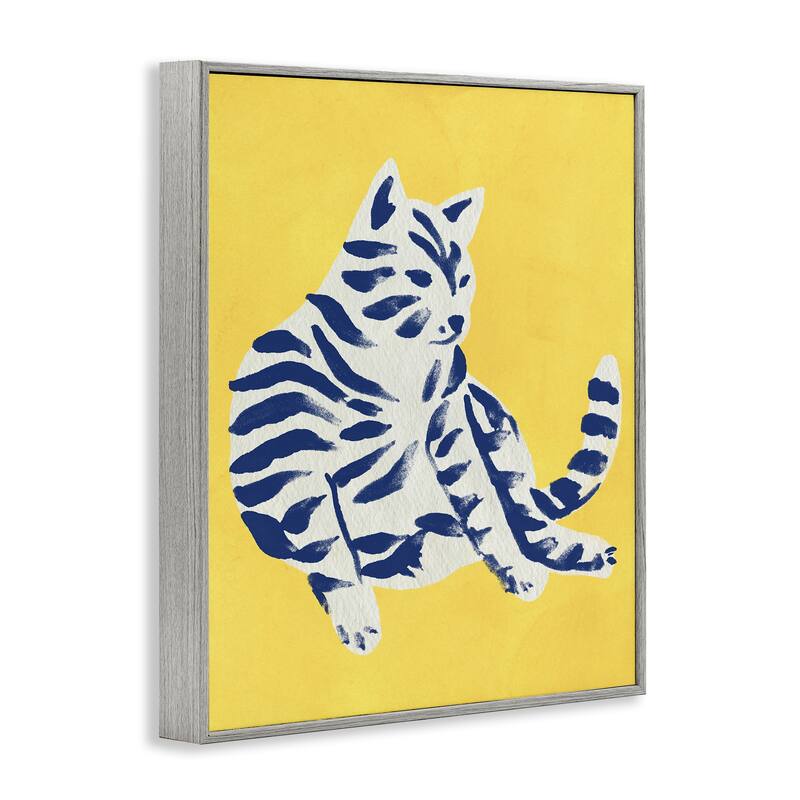 Stupell Unique Bright Cat on Yellow Framed Giclee Art Design By June Erica Vess