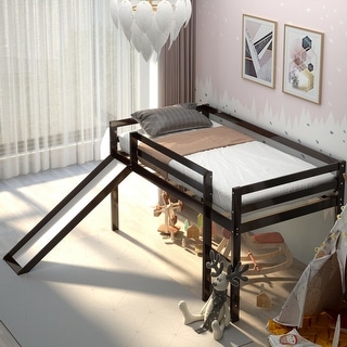 Gymax Twin Size Loft Bed with Slide Wood Low Sturdy Loft Bed Bedroom