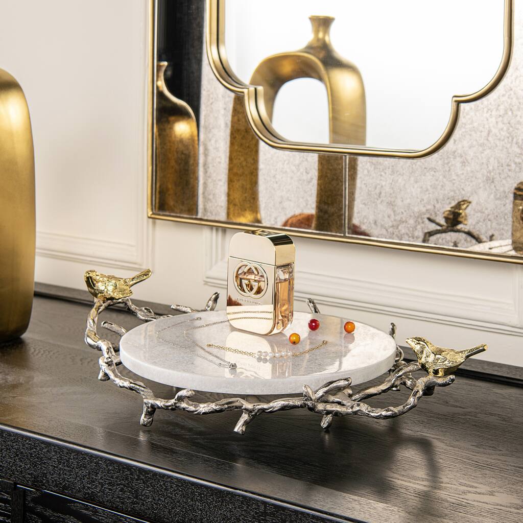 Vespa 17" Branch with Birds Decorative Round White Marble Tray
