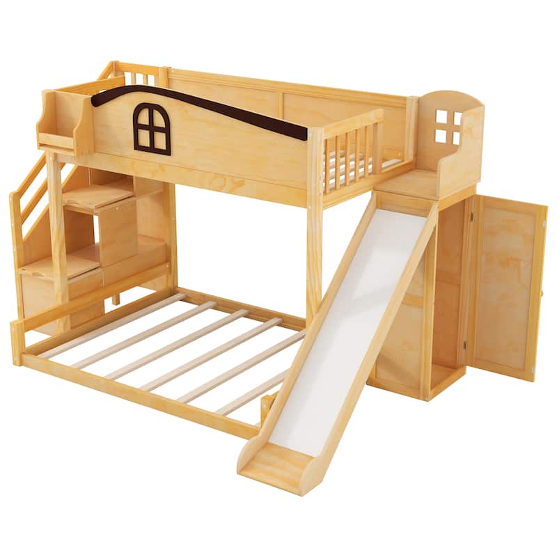 Playhouse-Inspired Twin over Full Bunk Bed with Slide, Storage Staircase & Wardrobe by Harper&Bright Designs