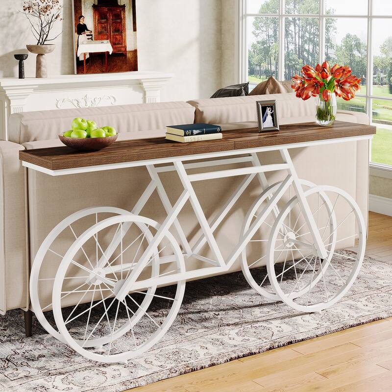 70.9-Inch Long Narrow Console Table with Metal Bicycle Base - Brown - 70.87" L x 11.81" W x 33.46" H