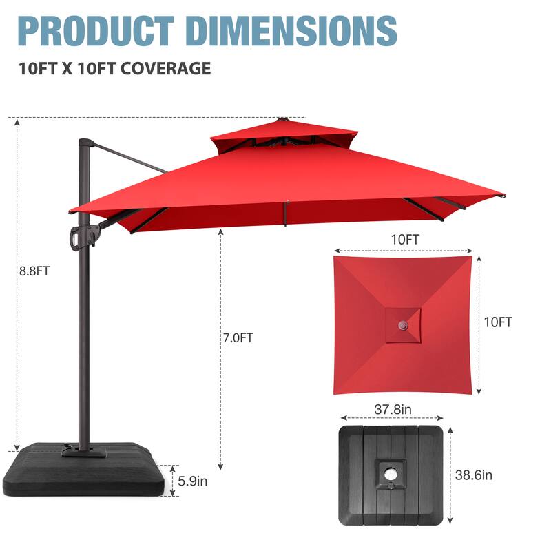 VredHom Double Top 10x10 FT Square Patio Cantilever Umbrella with Weight Base
