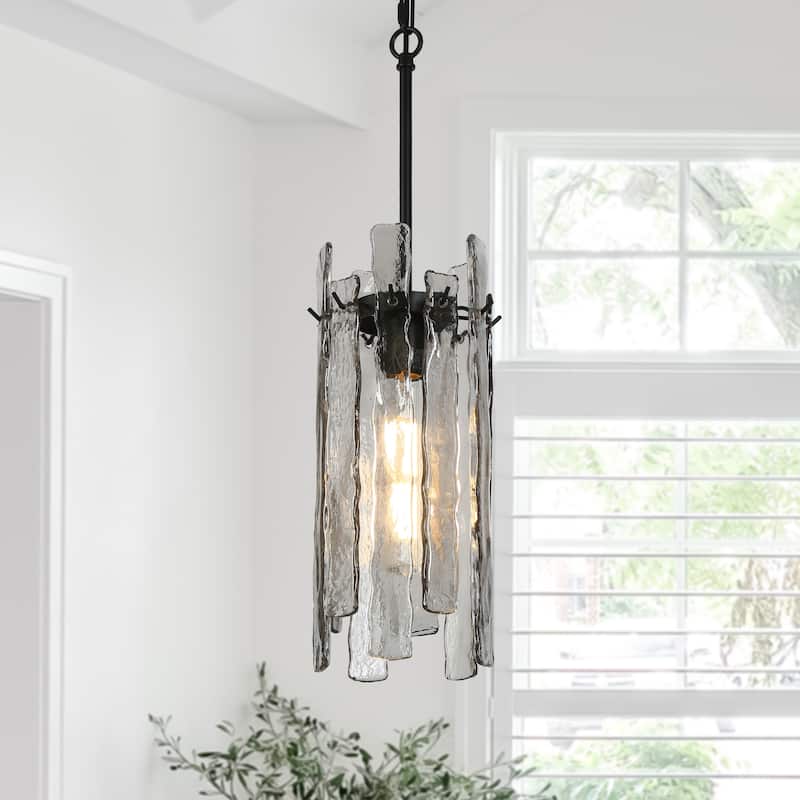 Modern 1-Light Black Cylinder Pendant Light Texture Glass Island Light - D 7.9" x H 16.5"
