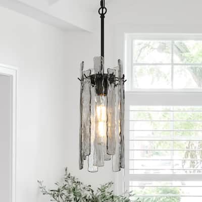 Modern 1-Light Black Cylinder Pendant Light Texture Glass Island Light - D 7.9" x H 16.5"