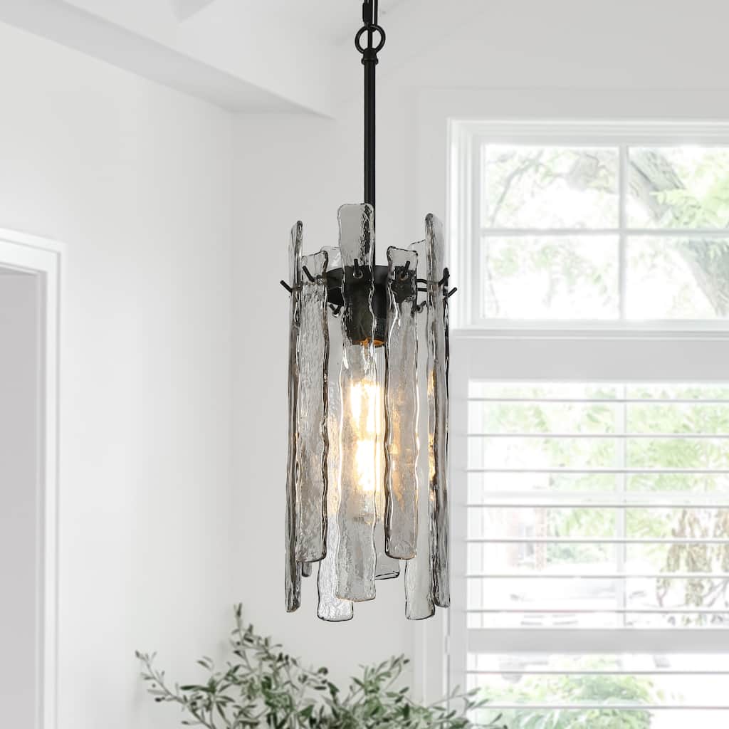 Modern 1-Light Black Cylinder Pendant Light Texture Glass Island Light - D 7.9" x H 16.5"