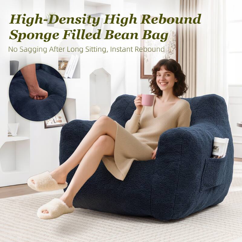 HOMEFUN Teddy Fabric Upholstered High-Density Foam Bean Bag Sofa Chair with Armrests