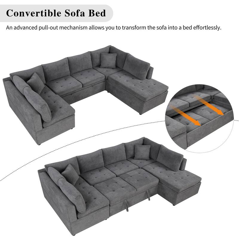 117" U-Shaped Oversized 6-Seat Sectional Sofa with Chaise, Pull-Out Bed, and 2 Detachable Throw Cushions