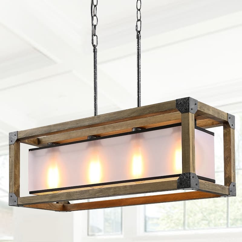 Farmhouse 4-Light Wood Rectangle Chandelier Linear Island Lights for Dining Room - L27.5"x W10"x H10"