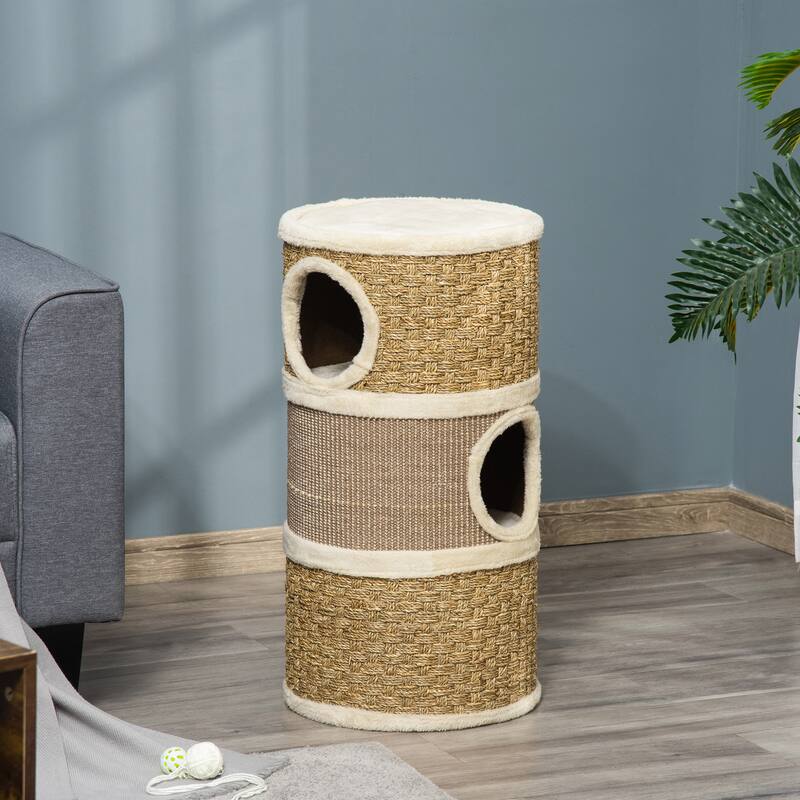 28 Inch Cat Condo, 3 Story Cat Hideaway with Sisal Scratching Pad, Barrel Shaped Small Cat Tree for Indoor Cats - khaki
