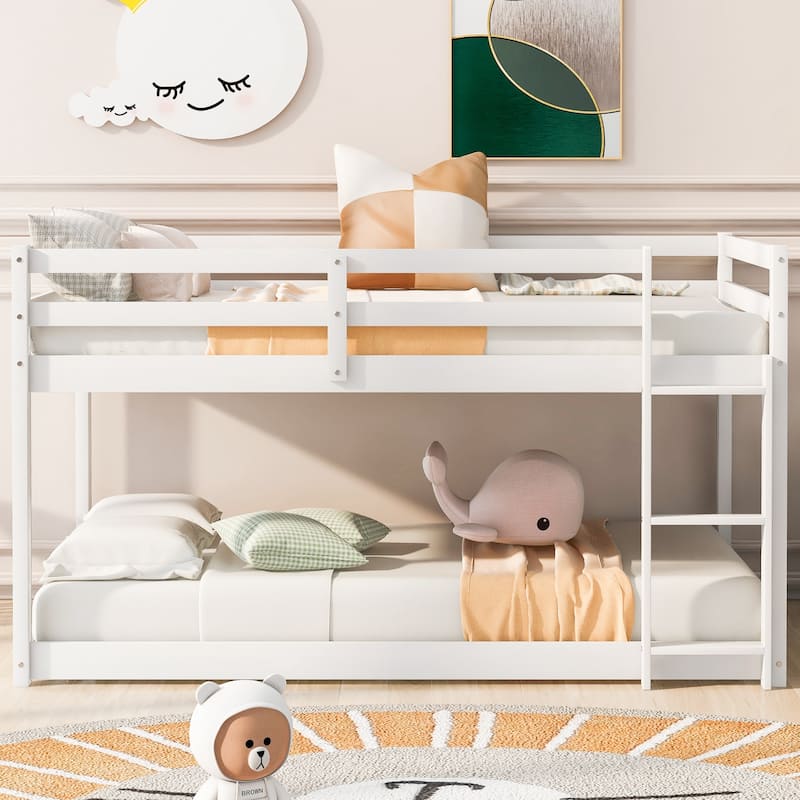 Twin over Twin Floor Bunk Bed with Ladder, White