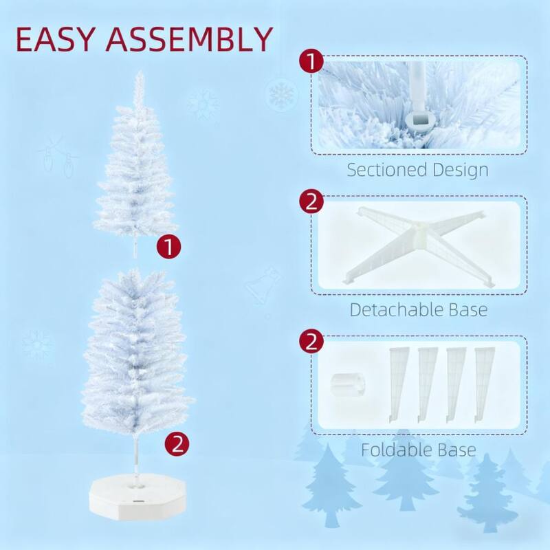 5' Easy Assembly White Artificial Christmas Tree - Sectioned Design & Detachable Base