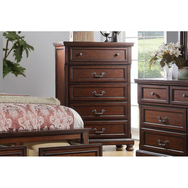 Traditional Style Bed Set 3-panel Headboard Bun Feet Dark Cherry Finish
