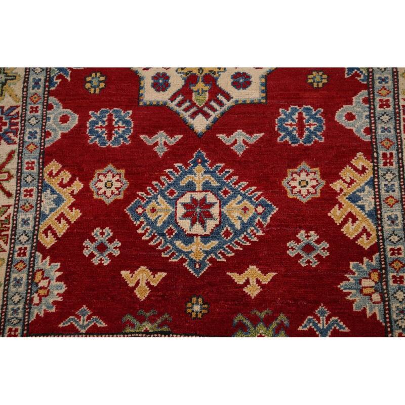 Red Geometric Kazak Accent Rug Handmade Traditional Wool Carpet - 3'5" x 5'0"
