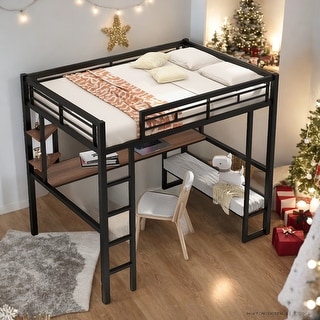 Full Size Loft Bed With Long Desk And Shelves for Home