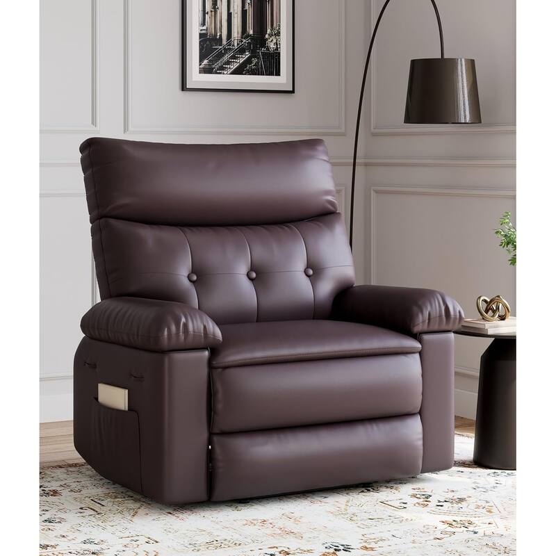 27" Oversized PU Leather Massage Recliner with Heat & Vibration, Cup Holders, Side Pockets, Wood Frame - coffee brown