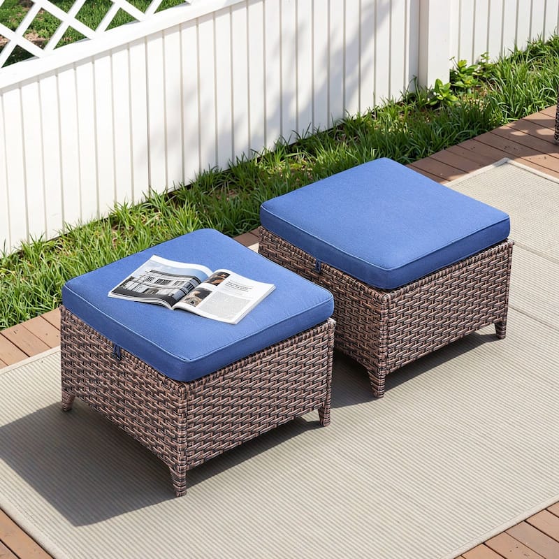 Pocassy Outdoor Sofa with Patio Chairs Funiture Set - 2PCS Ottoman - Brown Wicker Beige Cushion