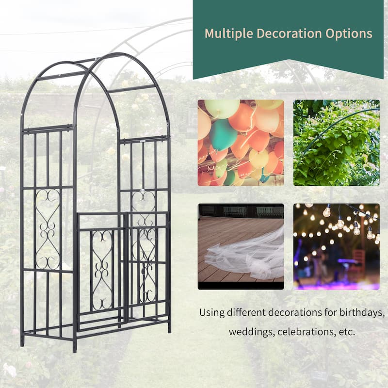 81"Metal Garden Arbor with Double Doors, Locking Gate, Climbing Vine Frame with Heart Motifs,Grey