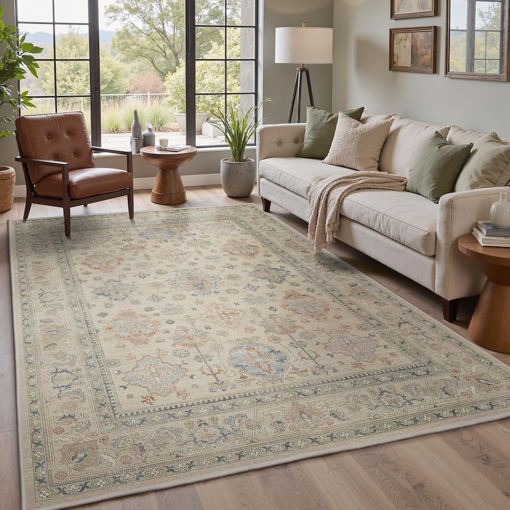 Mcow Faded Floral Vintage Collection Low-Pile Machine-Washable Area Rug