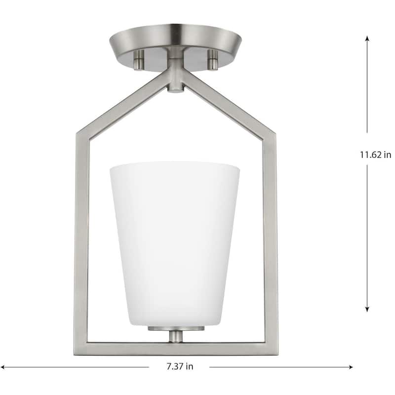 Vertex Collection One-Light Brushed Nickel Etched White Contemporary Semi-Flush Mount - 7.37 in x 5 in x 11.62 in