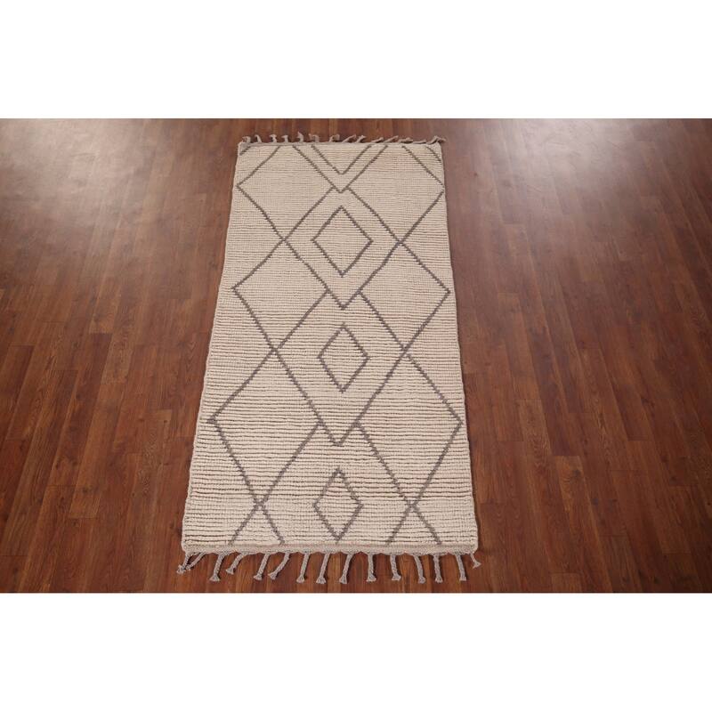 Striped Ivory Moroccan Oriental Accent Rug Handmade Wool Carpet - 2'10"x 5'9"
