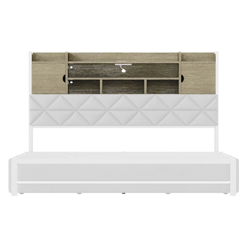 Queen/King Upholstered Bed Frame with RGB LED Lights & Storage Bookcase Headboard