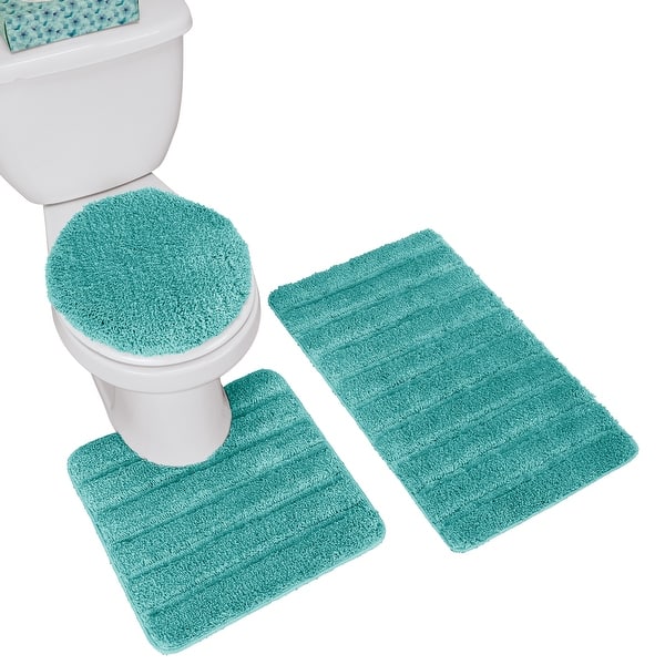 OLANLY Bathroom Rugs Sets 3 piece, Soft Microfiber Absorbent Bath Mat, U-Shaped Contour Toilet Mat and Toilet Lid Cover, Quick Dry, Machine Washable, Toilet Cover and Rug Set for Bathroom, Grey