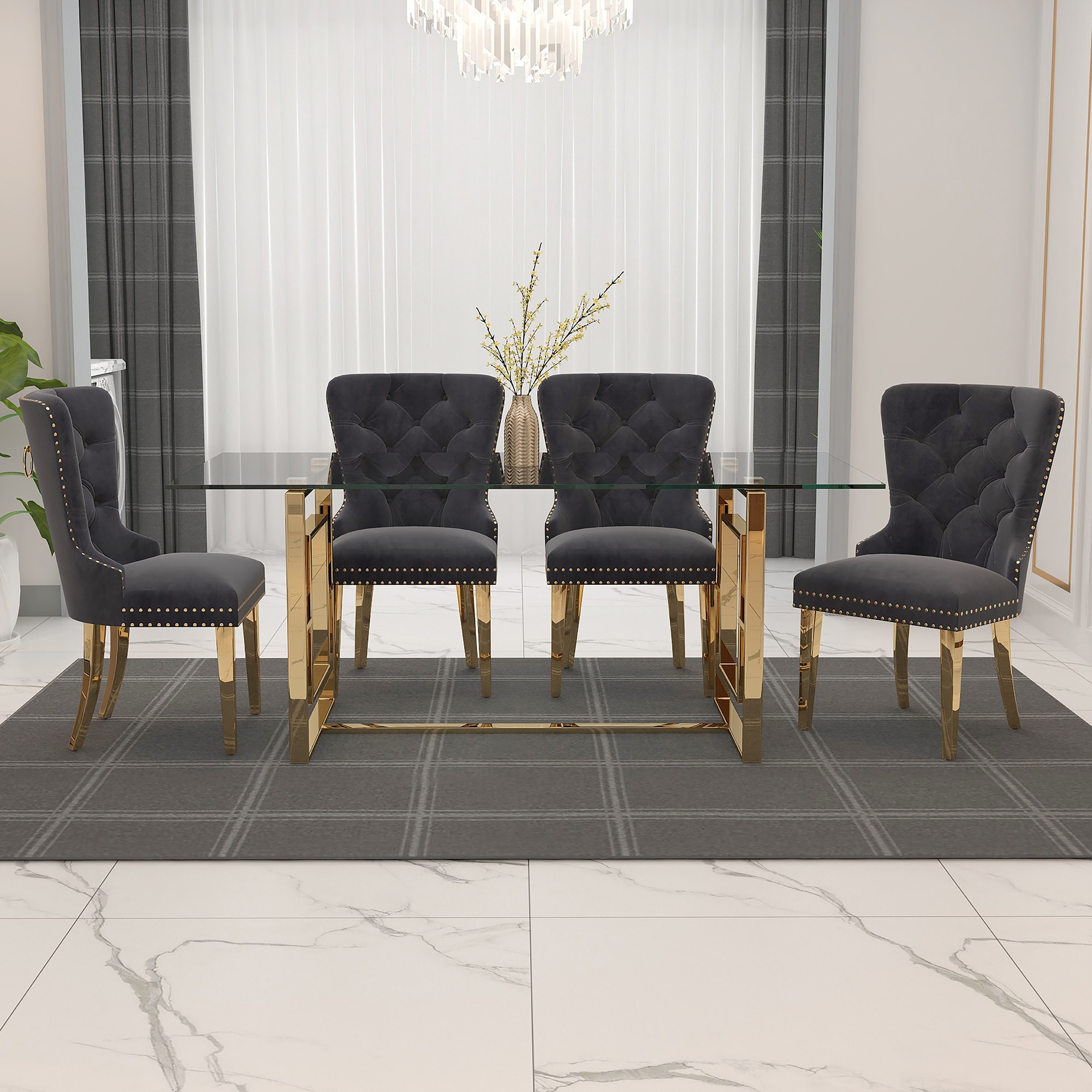 5pc Contemporary Dining Set Gold Table with Grey and Black Chair