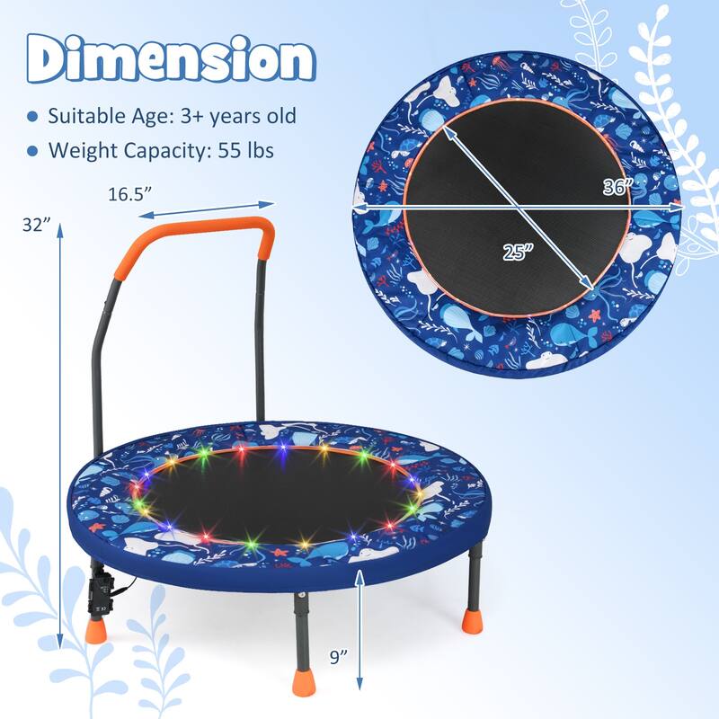Gymax 36'' Foldable Kid Trampoline w/ 20 LED Lights Foam Handlebar