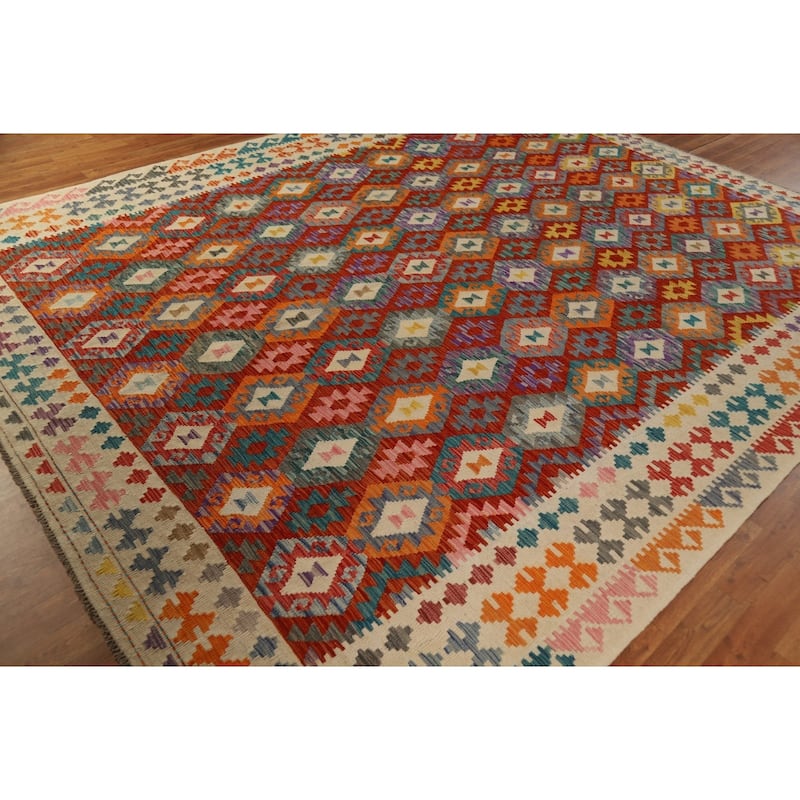 All-Over Geometric Kilim Oriental Area Rug Hand-Woven Wool Carpet - 9'2"x 11'3"