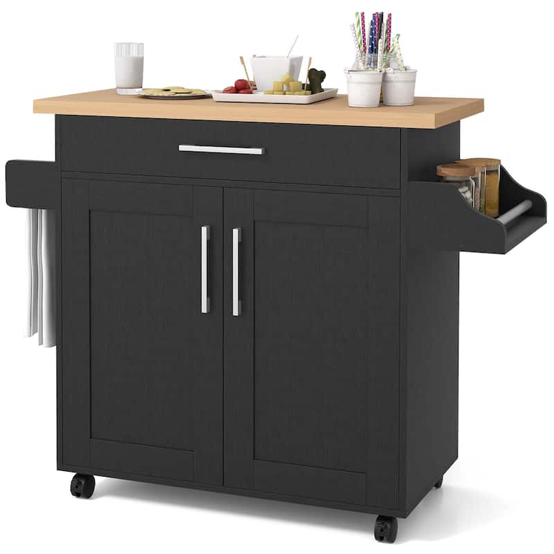 Costway Rolling Kitchen Island Cart Storage Cabinet w/ Towel & Spice - Black