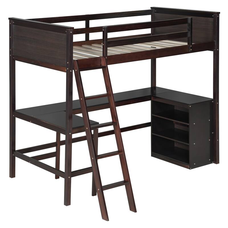 Twin Size Loft Bed With Shelves And Desk, Wooden Loft Bed With Desk - Espresso