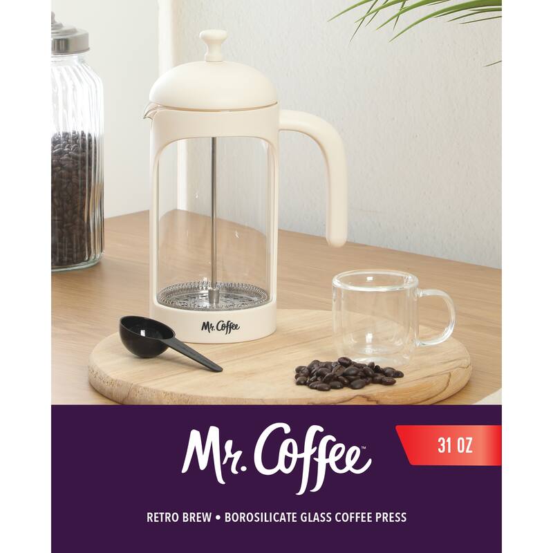 Mr. Coffee French Press Coffee Maker, 31 oz Borasilicate Glass & Frame and Plunger, Includes Coffee Scoop