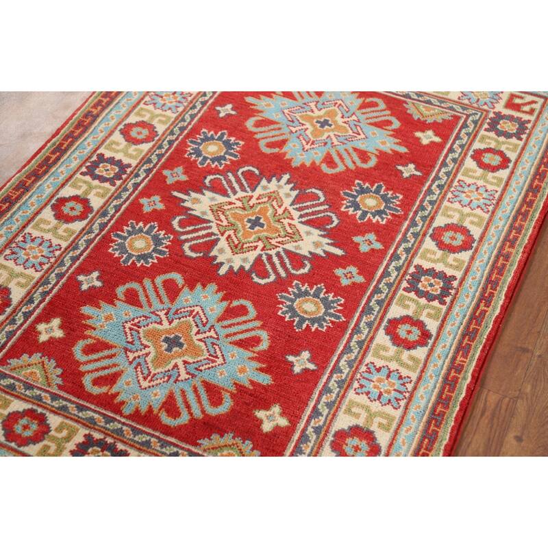 Red Kazak Foyer Rug Handmade Geometric Wool Carpet - 2'9" x 3'10"