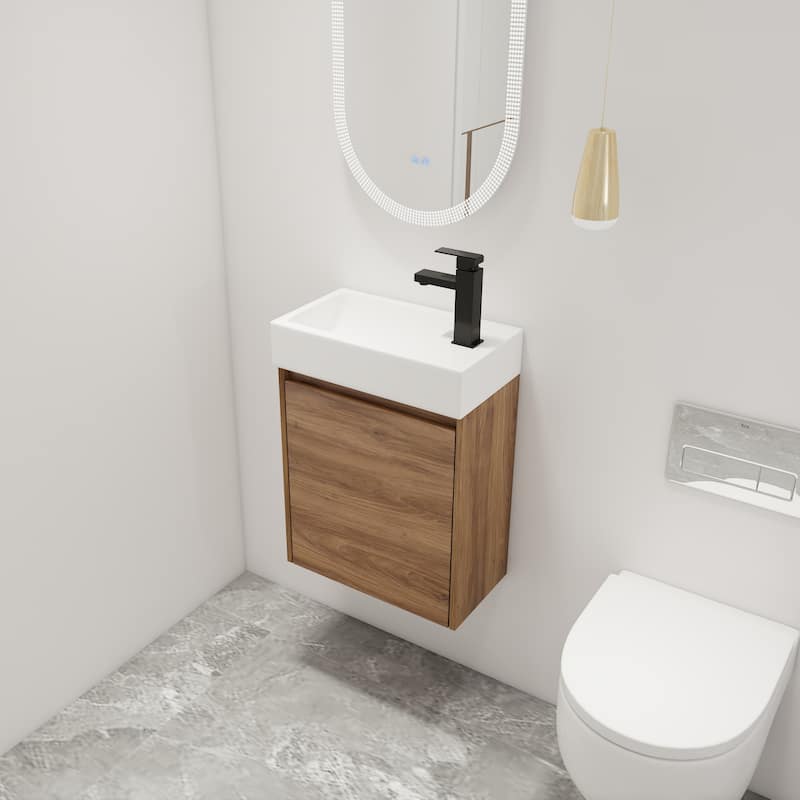 Malwee 16"/18" Floating Bathroom Vanity, Mini Wall Mounted Bathroom Vanity with Ceramic Sink and Soft Close Door - Brown - 18.11"×10"×23.6"