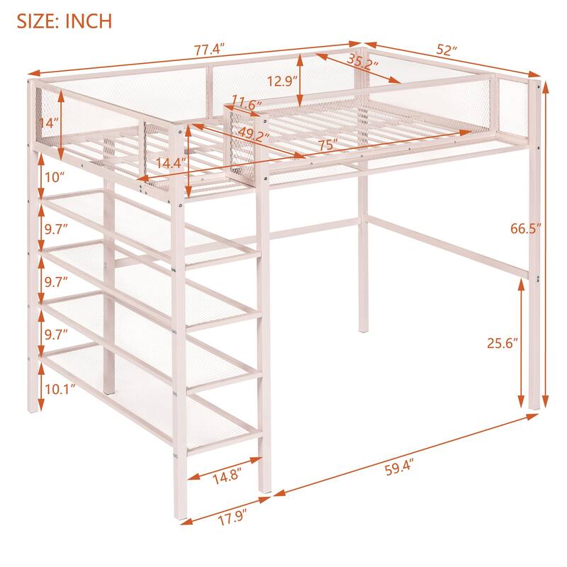 Twin/Full Metal Loft Bed with Built-in Desk, Shelves, and Storage, Modern Design