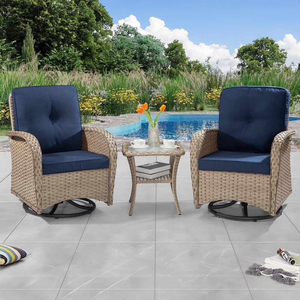 Cozywor 3-Piece Wicker Patio Swivel Outdoor Rocking Chair Conversation Set