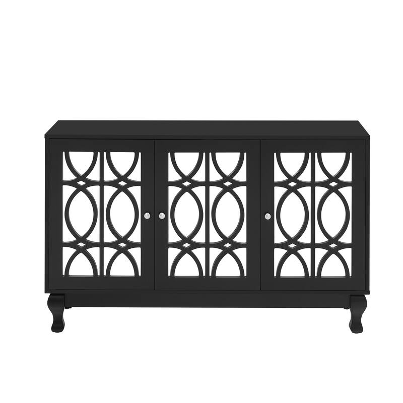 47" Mirrored TV Console for TVs up to 55", Floral Pattern Cabinet with Solid Wood Legs, 3-Door Storage & Adjustable Shelves