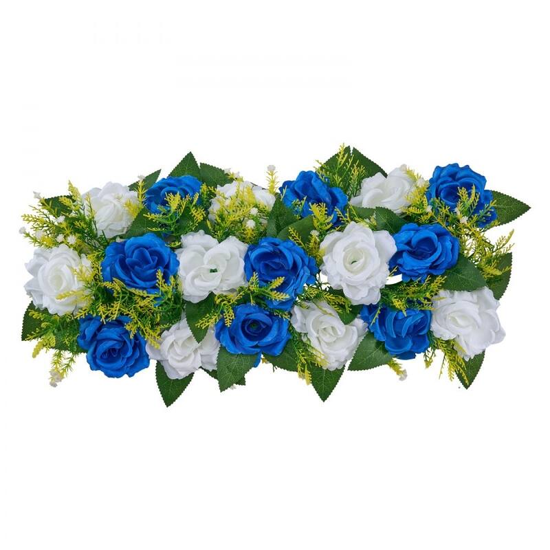 Blue-White Silk Rose Linear Centerpieces Set of 10 with Stable Base - 19.7 x 8.7 x 4.27 inch