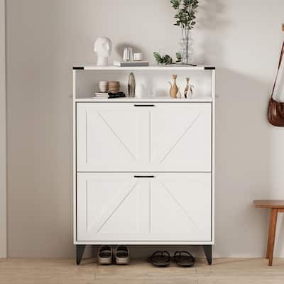 Shoe Rack, Shoe Cabinet with 2 Flip Drawers, Front Door Shoe Rack with Metal Legs and Adjustable Shelf