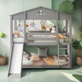 Twin over Twin House Bunk Bed with Convertible Slide and Ladder, White ...