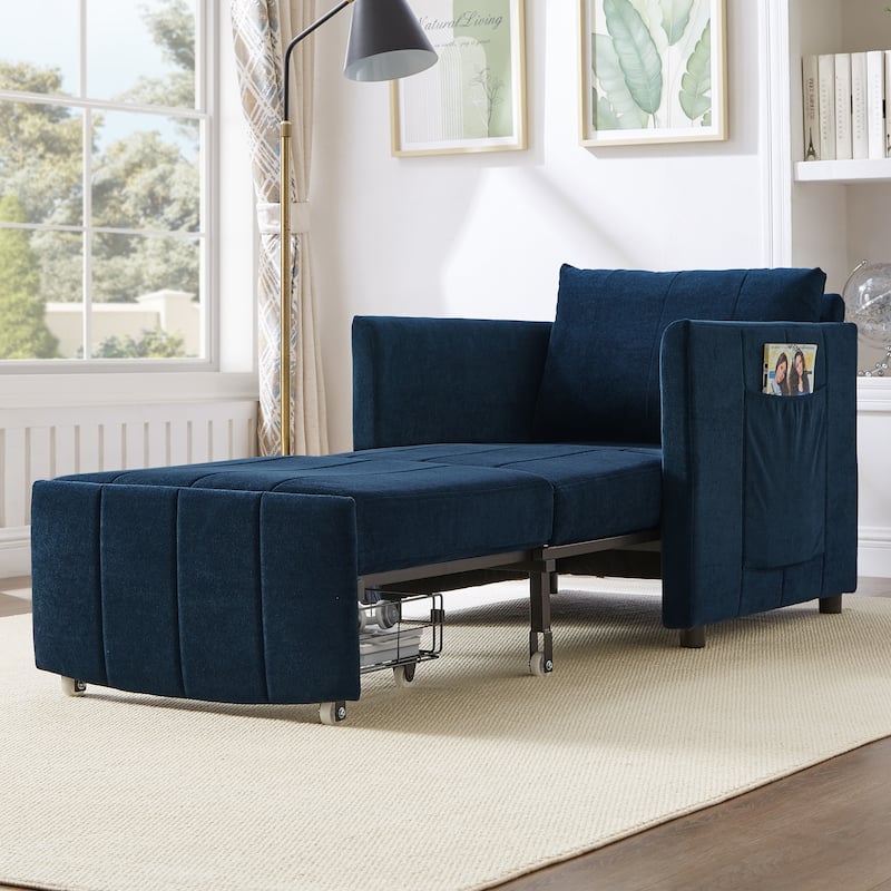 Roomfitters Convertible Sleeper Sofa with Pull-Out Bed 5-Position Adjustable Backrest Side Pockets & Storage Basket - Blue