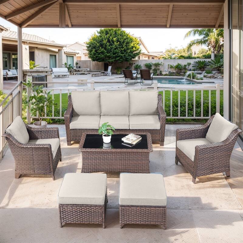Pocassy Outside Sofa with Swivel Chair Set - Brown Wicker / Beige Cushion - 6-Piece Sofa Patio Chair with Ottoman