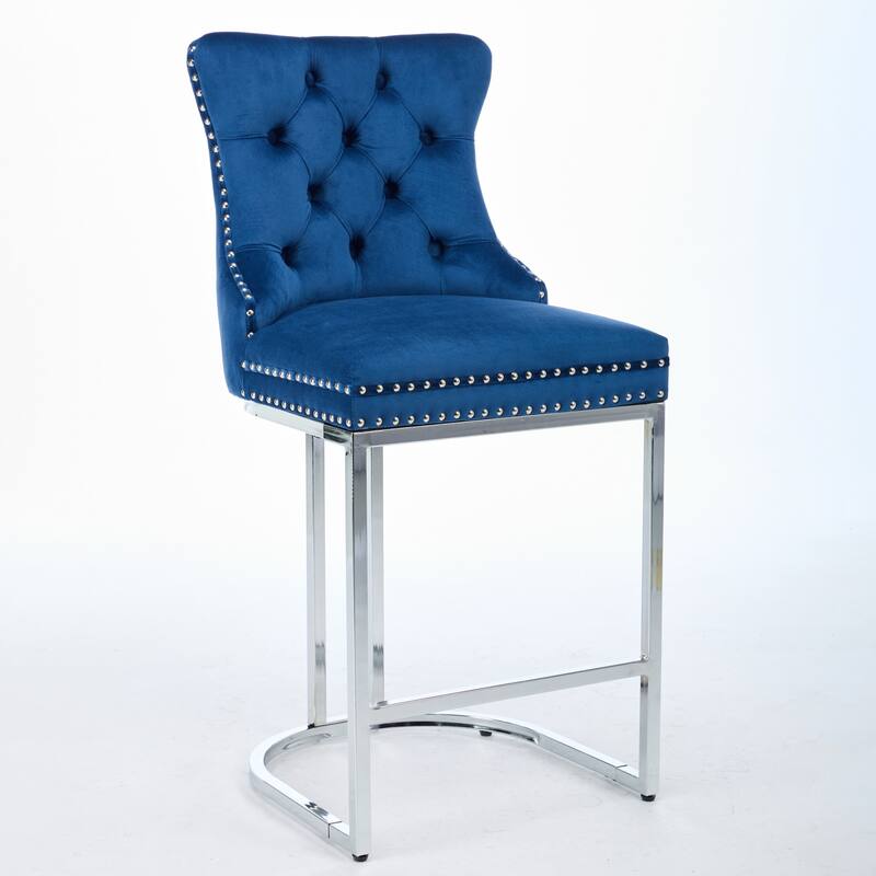 Set of 2 Modern 25 Inch Counter Bar Stools Velvet Upholstered Button Back Chrome Legs - Blue