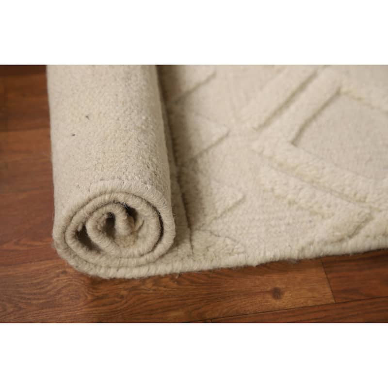 Geometric Ivory Moroccan Oriental Foyer Rug Hand-Knotted Wool Carpet - 2'0"x 3'0"