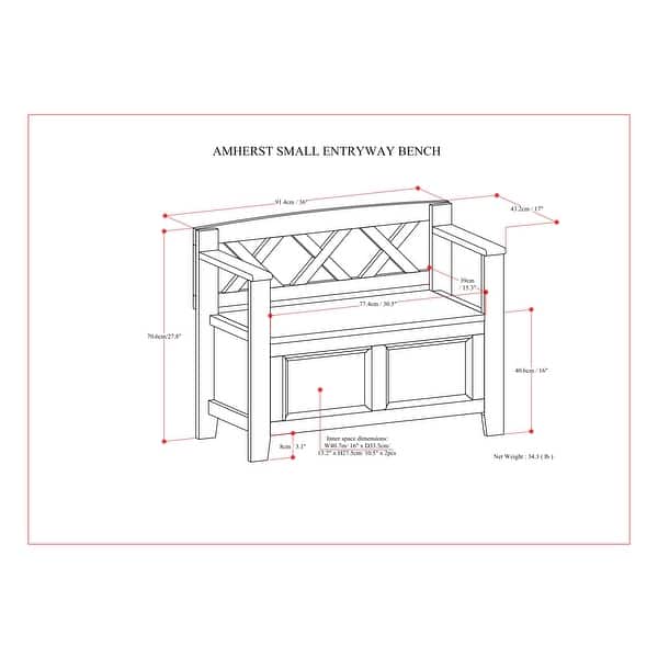 dimension image slide 2 of 3, WYNDENHALL Halifax SOLID WOOD 36 inch Wide Transitional Small Entryway Storage Bench -  17"D x 36" W x 27.8"H