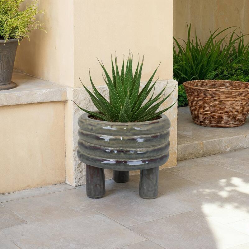 Garden Planter, Decorative Turned Style Glossy Gray Ceramic, 10 Inch