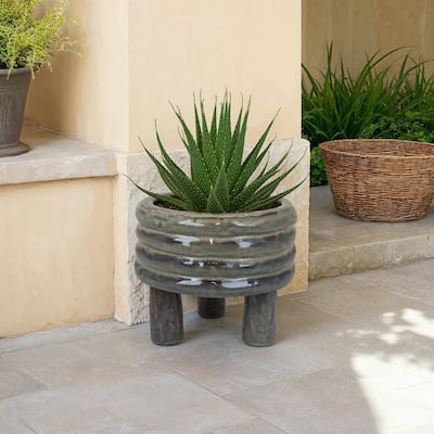 Garden Planter, Decorative Turned Style Glossy Gray Ceramic, 10 Inch