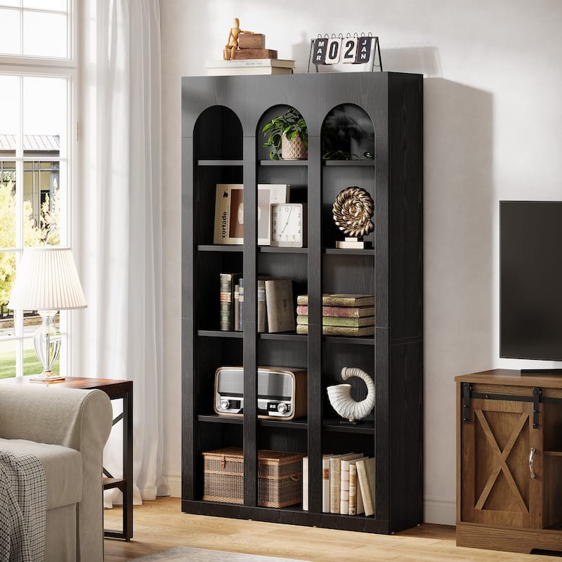 5-Tier Arched Bookshelf, 70.87-Inch Tall Bookcase for Home Office, Living Room - 39.37" W x 11.81" D x 70.87" H - Black